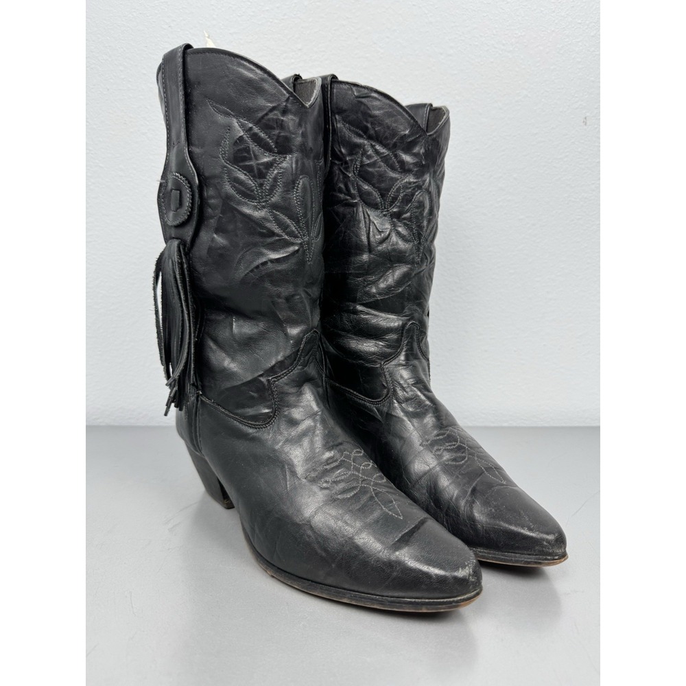 Laredo Cowboy Boots Womens 8M Black Leather Fringe Tassel Western Cowgirl Rodeo